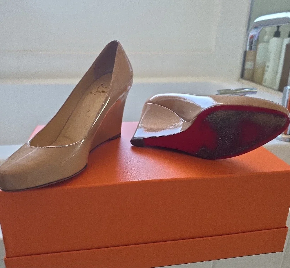 Christian Louboutin Nude Patent Wedge Pumps